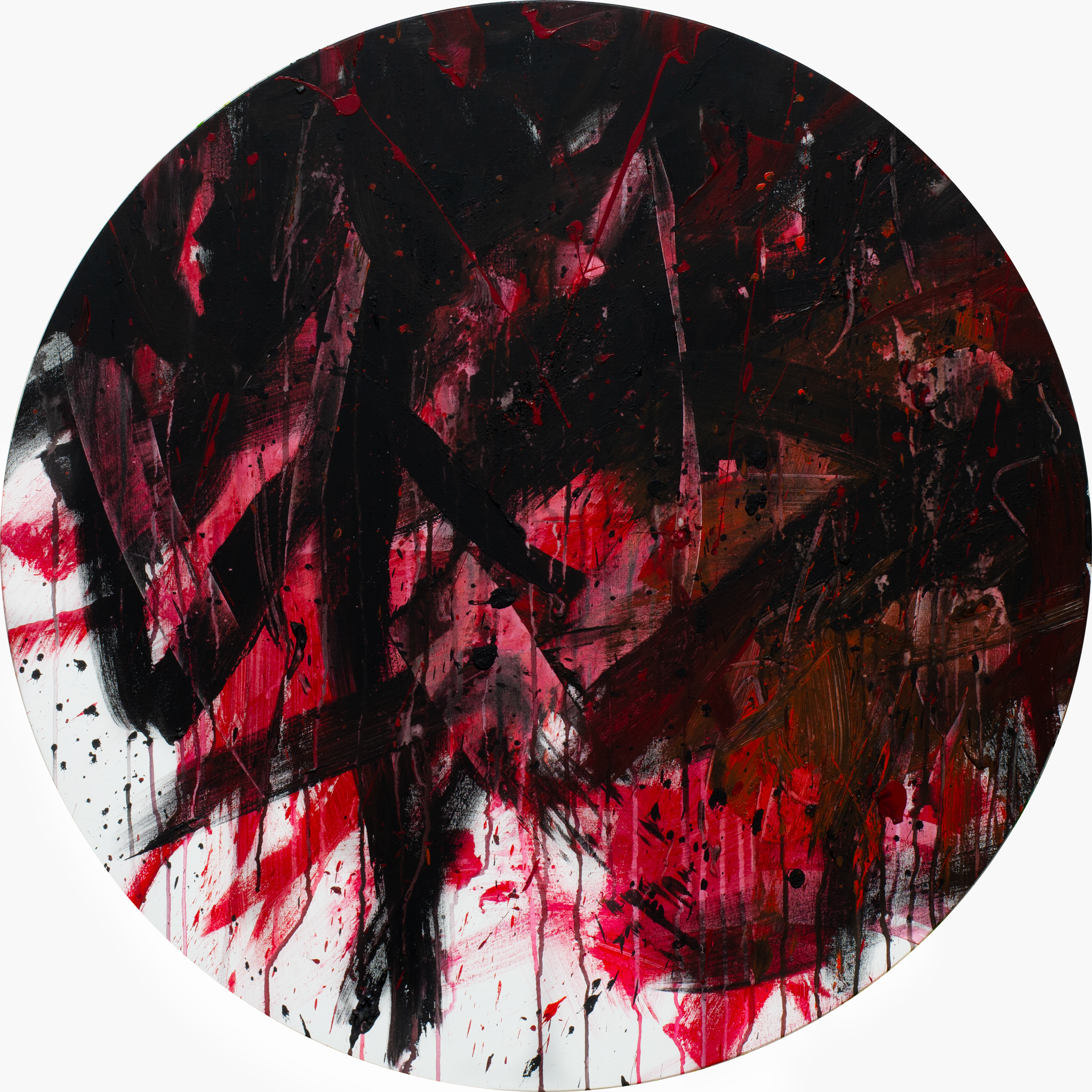 Black and red n. 1, 2023 | Acrylic on canvas, diameter 90 cm