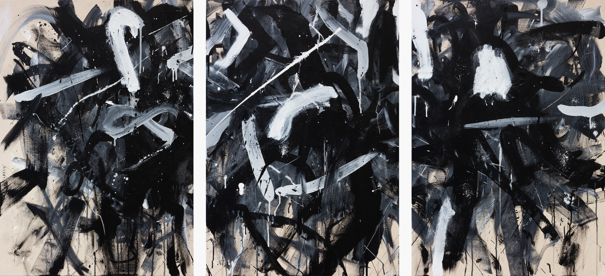 Black and white n. 3-4-5, 2023 | Triptych, Acrylic on canvas, 100 x 210 cm